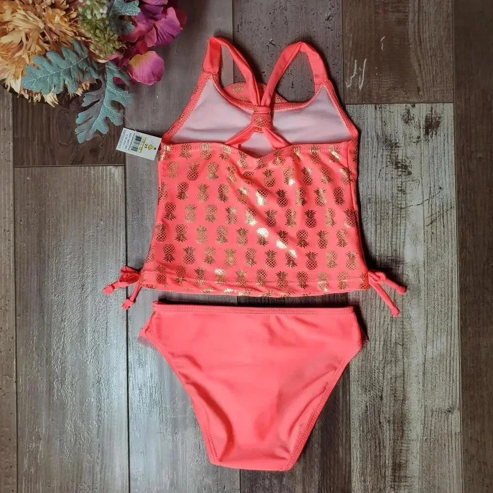 NWT Real Love Toddler Girls Metallic Gold and Coral Pineapple Bikini Set Size 2T